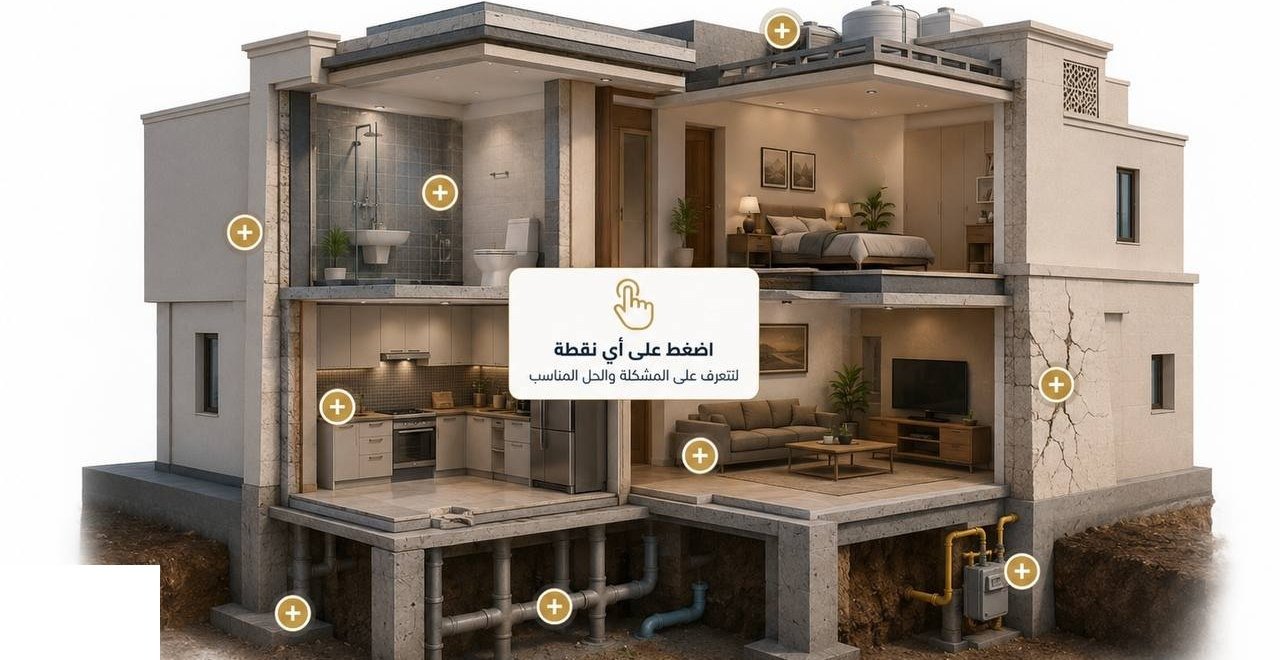 فيلا سعودية حديثة بمقطع داخلي يوضح مناطق العزل والتسربات المحتملة